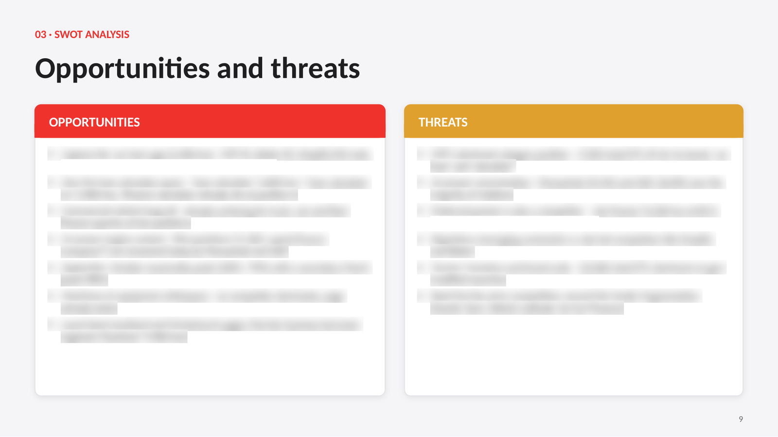 SWOT analysis page listing opportunities and threats