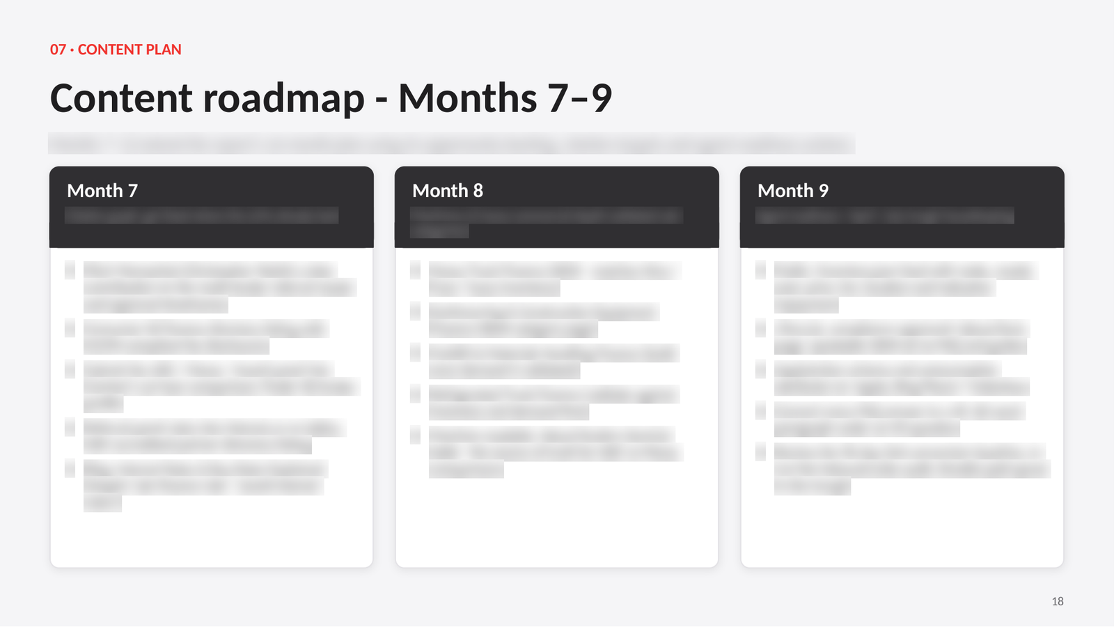 Content roadmap page showing months seven to nine